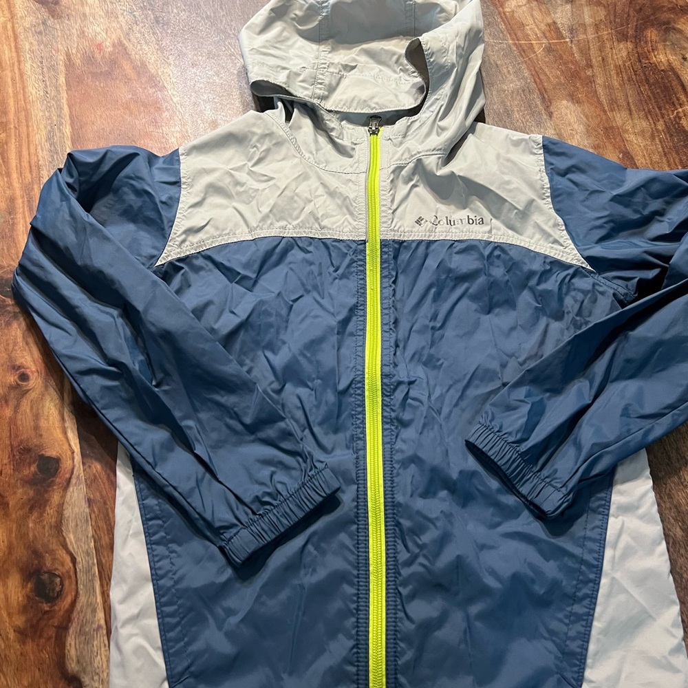 Blue and Gray Hooded Jacket with Neon Accents